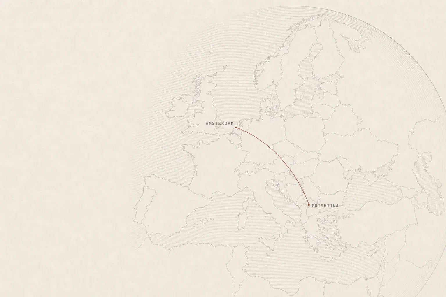 A globe centred on Europe, linking Amsterdam and Prishtina